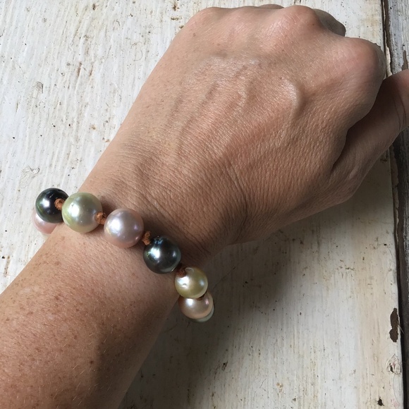 NEW Tahitian, Edison, South Sea pearls + leather RAINBOW BRACELET Ella May - Picture 5 of 5